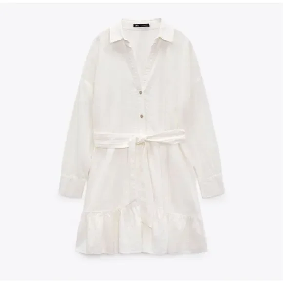 Zara Linen Blend Belted Shirt Dress in Ecru Size Medium - Picture 3 of 11